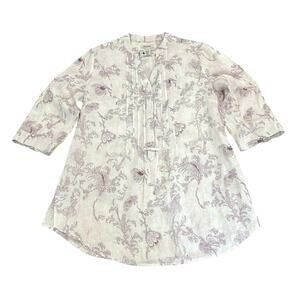 Malvin Linen Tunic Shirt Womens Sz L White & Purple Floral Print 3/4 Roll Sleeve